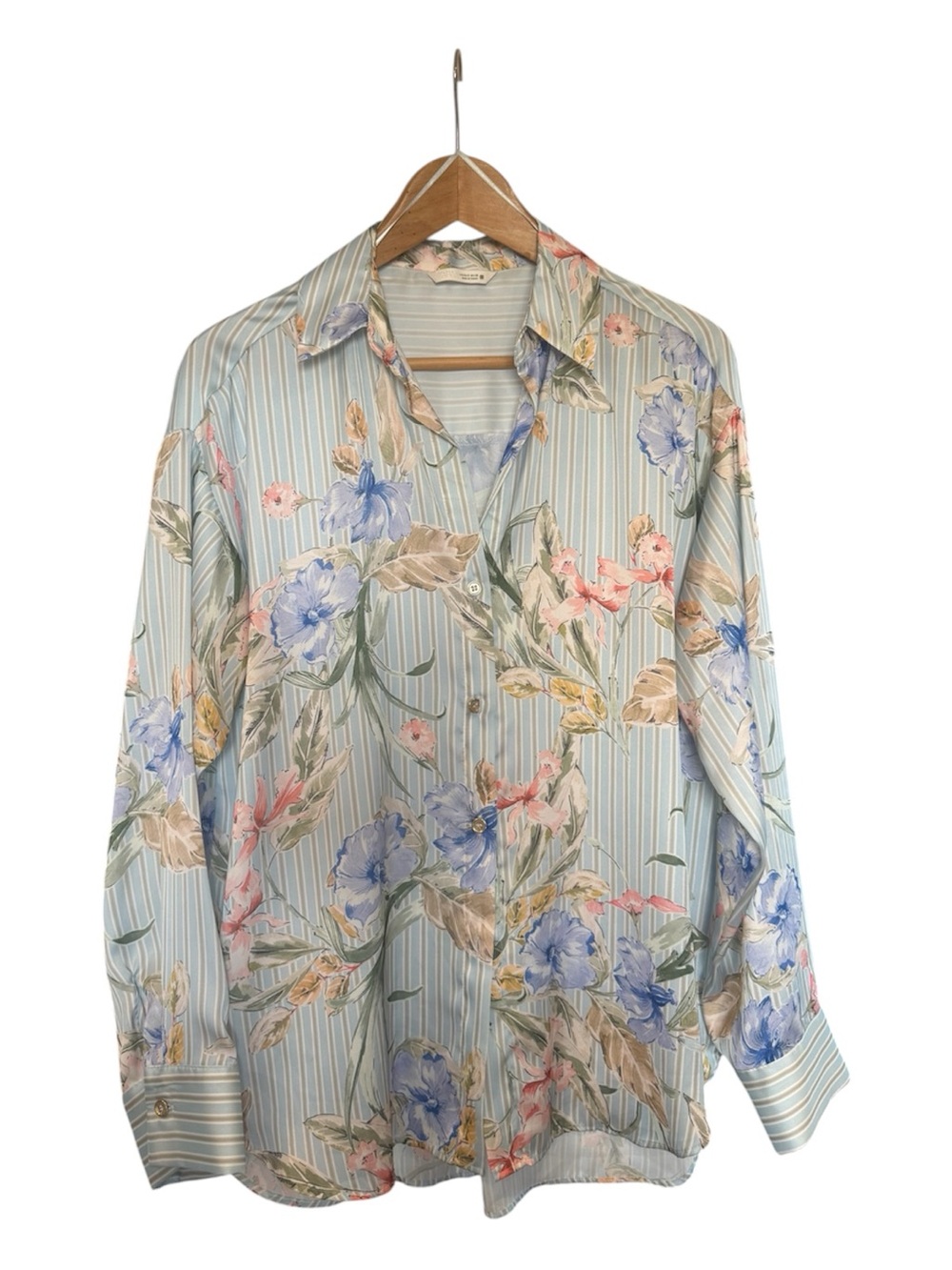 Zara Pastel Floral Stripe Button-Down Shirt